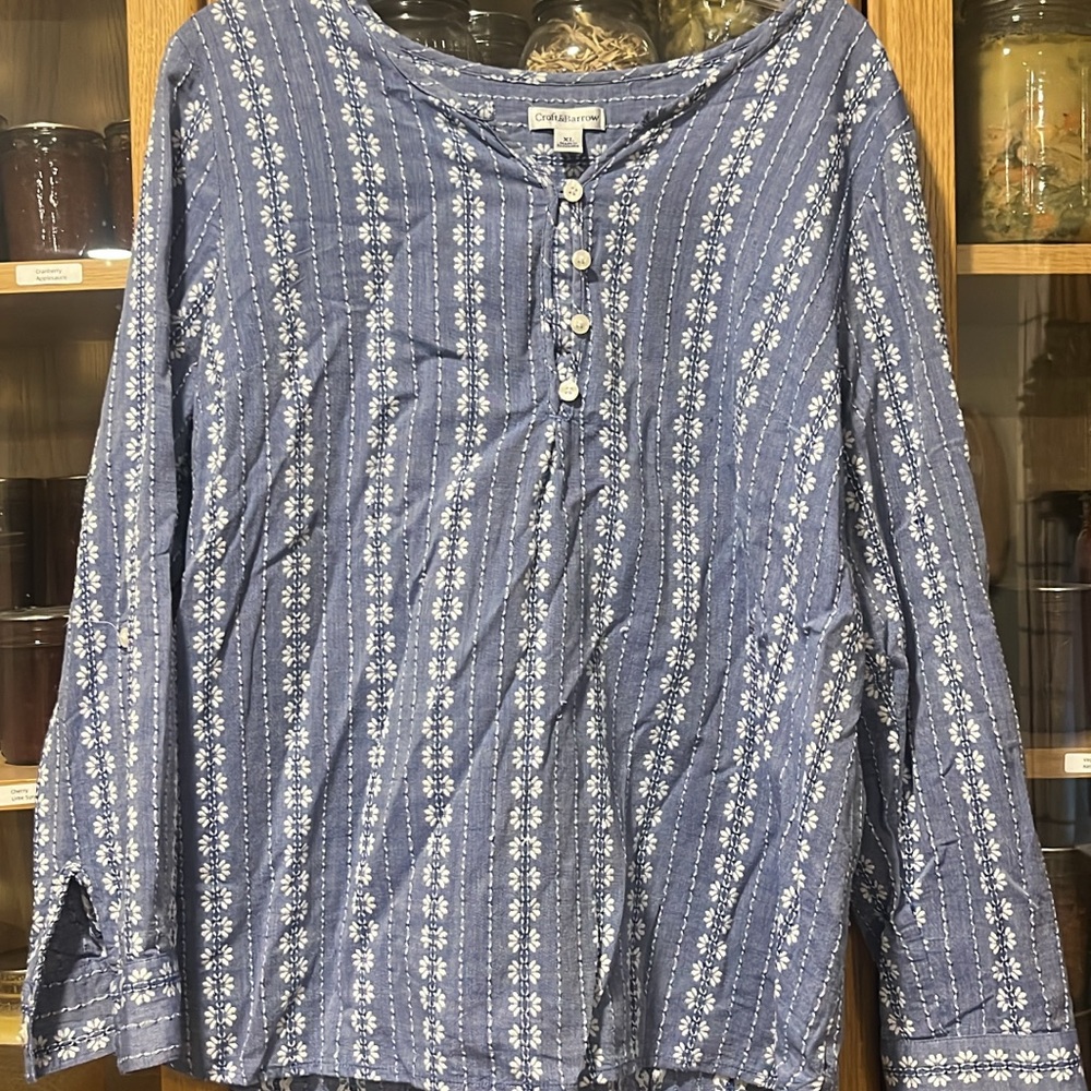 Blue Floral Button-Up Blouse 100% Cotton